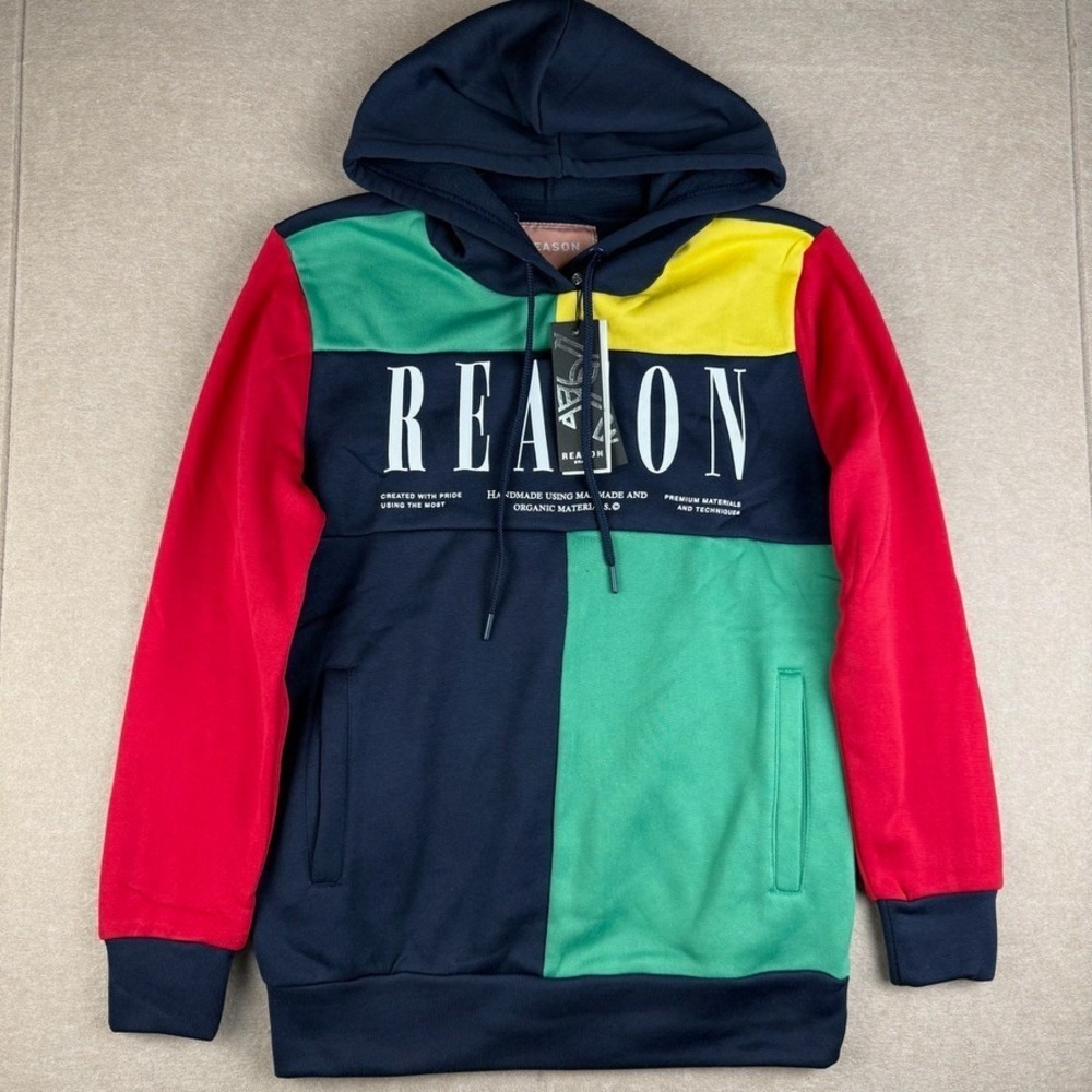 Reason Hoodie Mens L Colorblock Navy Blue Red Green New York Streetwear Pullover